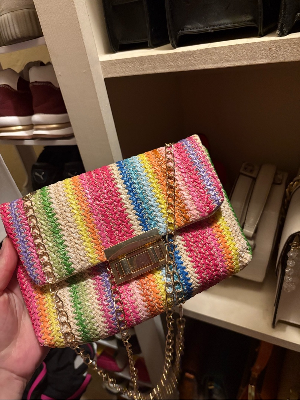 Colorful Striped Woven Chain Crossbody Bag - Multicolor